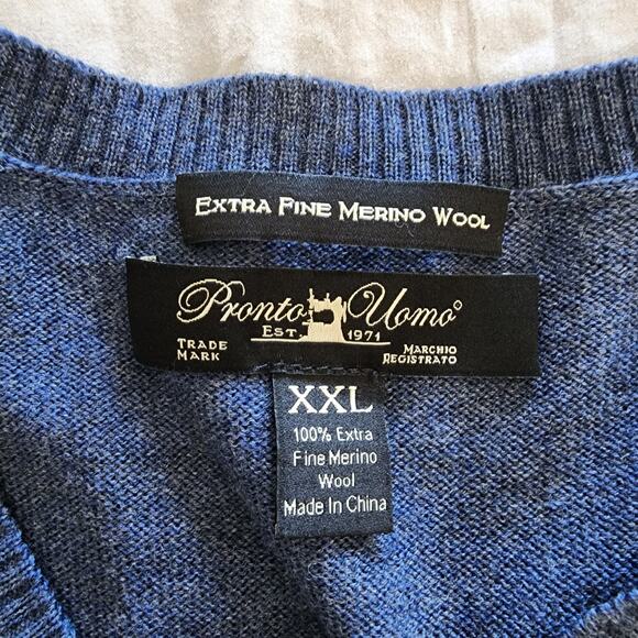 Pronto Uomo blue extra fine‎ Merino Wool V-neck sweater mens size XXL - Picture 5 of 6